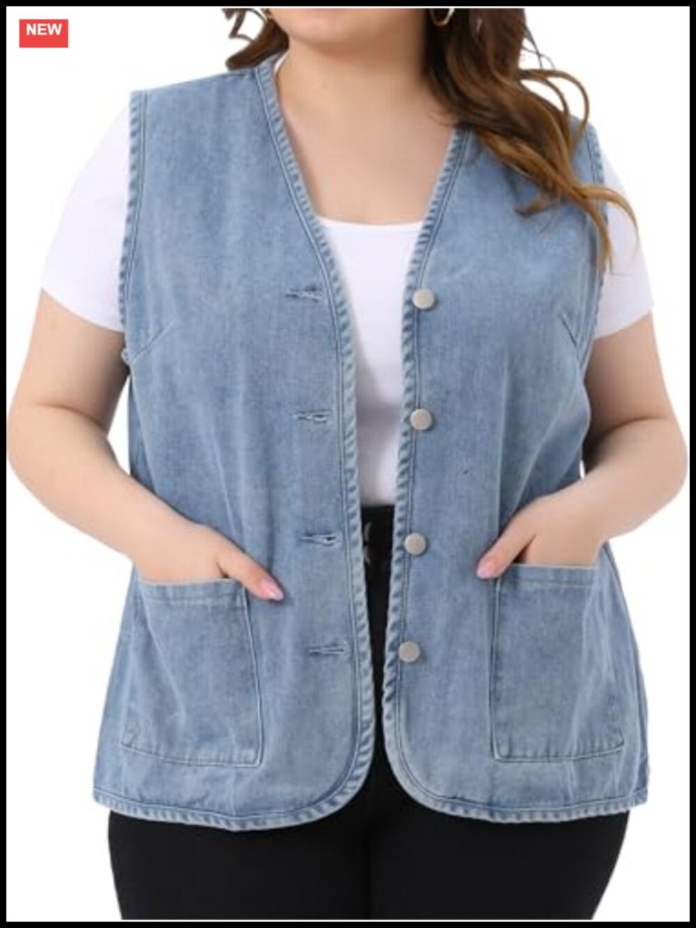 Women's Plus Size Denim Vest Sleeveless Button V Neck Waistcoat Cotton